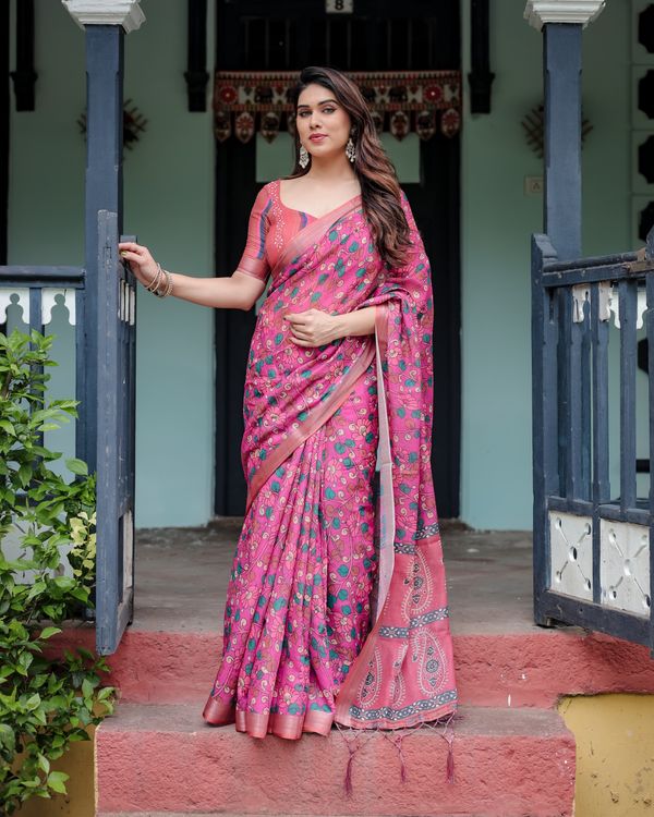 Pink Floral Printed Linen Cotton Saree with Artistic Border