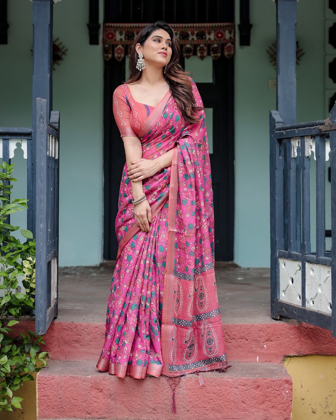 Pink Floral Printed Linen Cotton Saree with Artistic Border