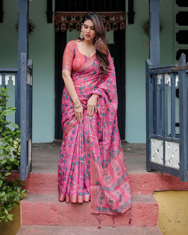 Pink Floral Printed Linen Cotton Saree with Artistic Border