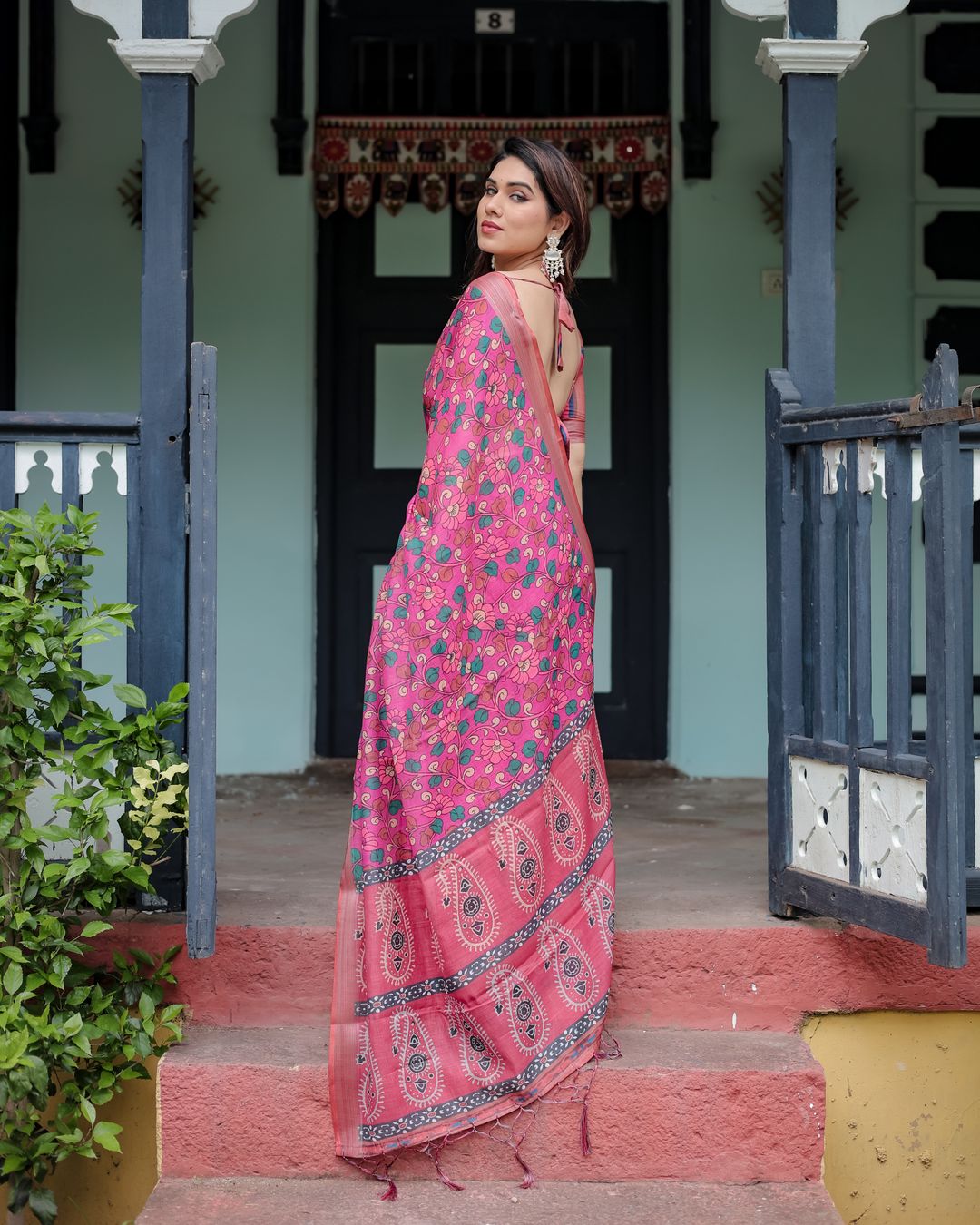 Pink Floral Printed Linen Cotton Saree with Artistic Border