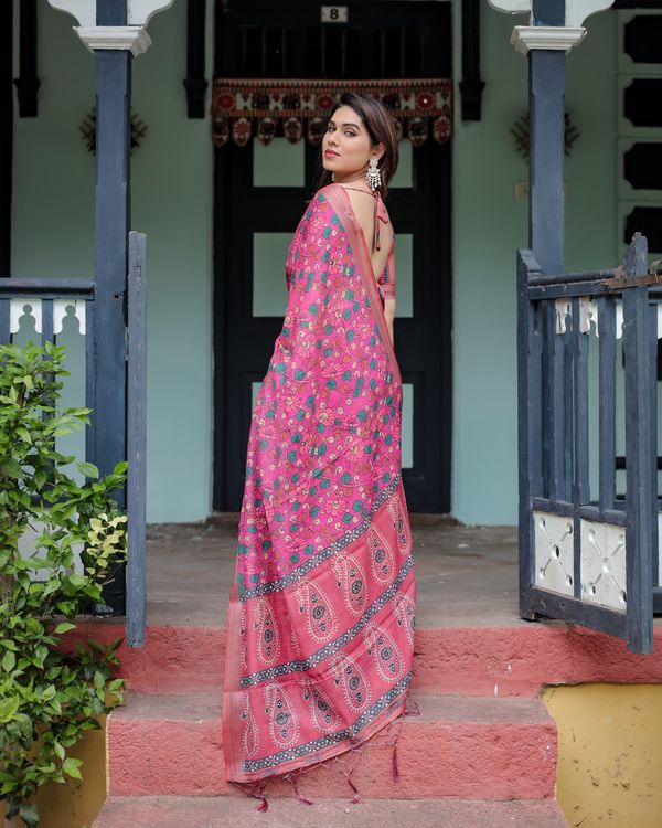 Pink Floral Printed Linen Cotton Saree with Artistic Border