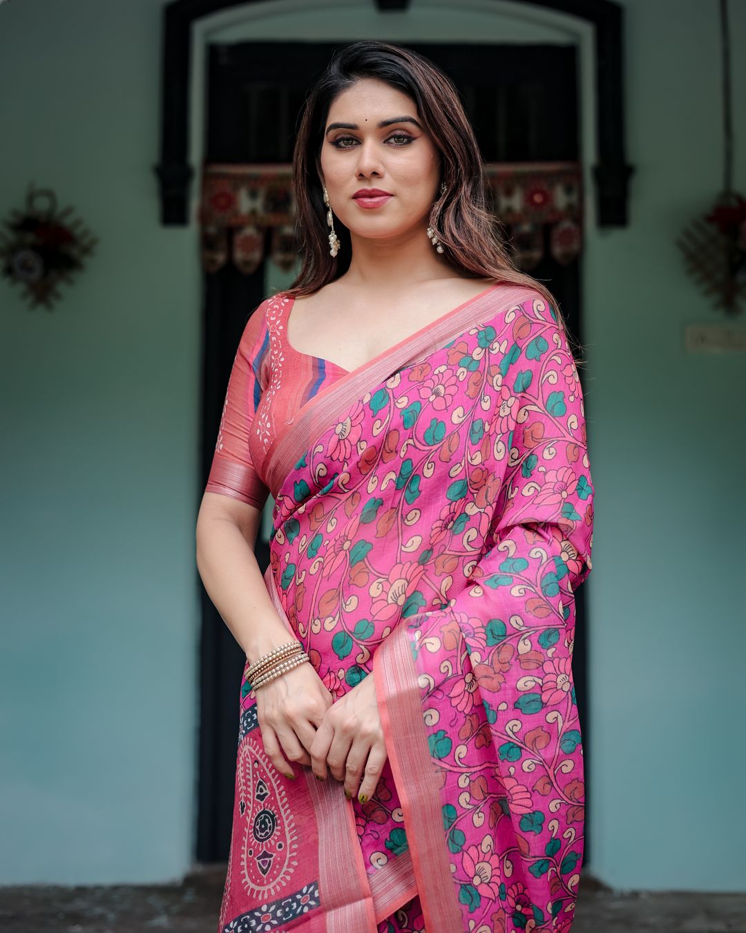 Pink Floral Printed Linen Cotton Saree with Artistic Border