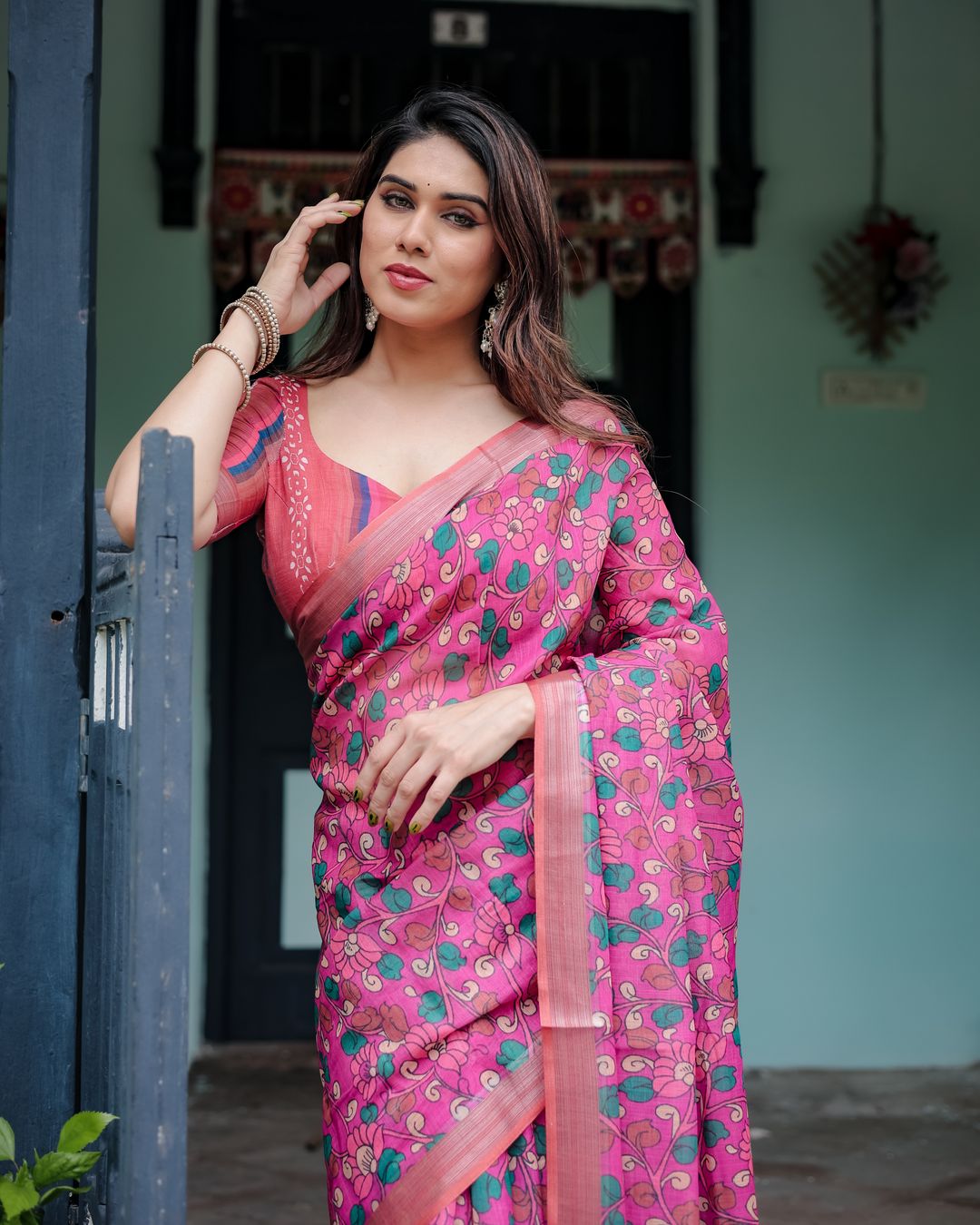 Pink Floral Printed Linen Cotton Saree with Artistic Border