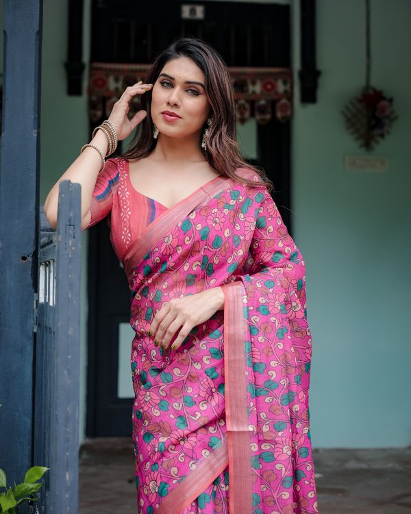 Pink Floral Printed Linen Cotton Saree with Artistic Border