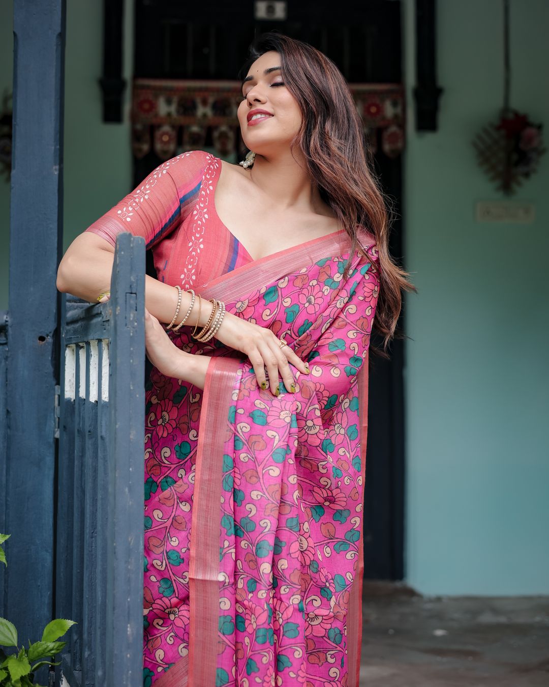 Pink Floral Printed Linen Cotton Saree with Artistic Border