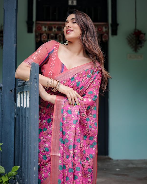 Pink Floral Printed Linen Cotton Saree with Artistic Border