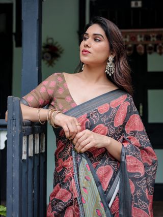 Charcoal Grey Printed Linen Cotton Saree with Coral Borders