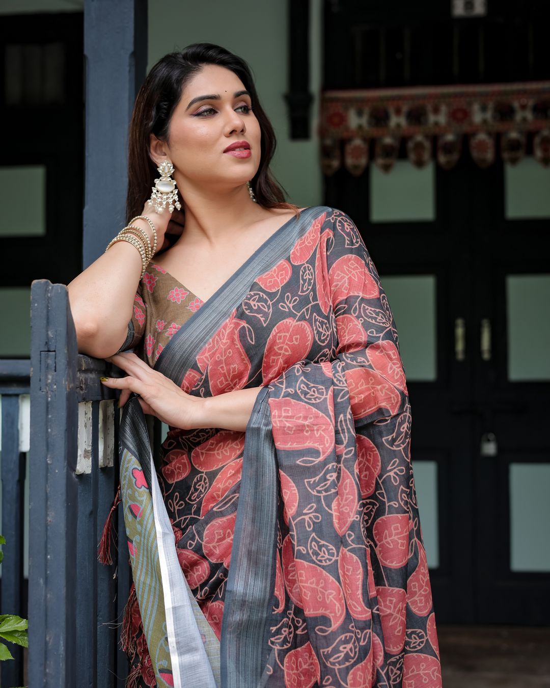 Charcoal Grey Printed Linen Cotton Saree with Coral Borders