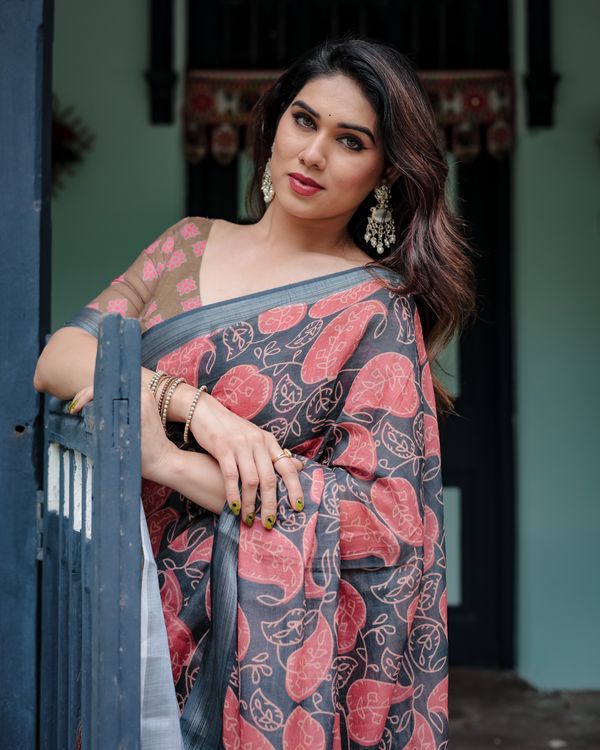 Charcoal Grey Printed Linen Cotton Saree with Coral Borders