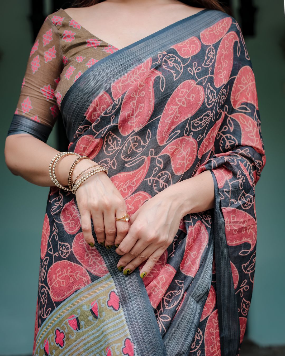 Charcoal Grey Printed Linen Cotton Saree with Coral Borders