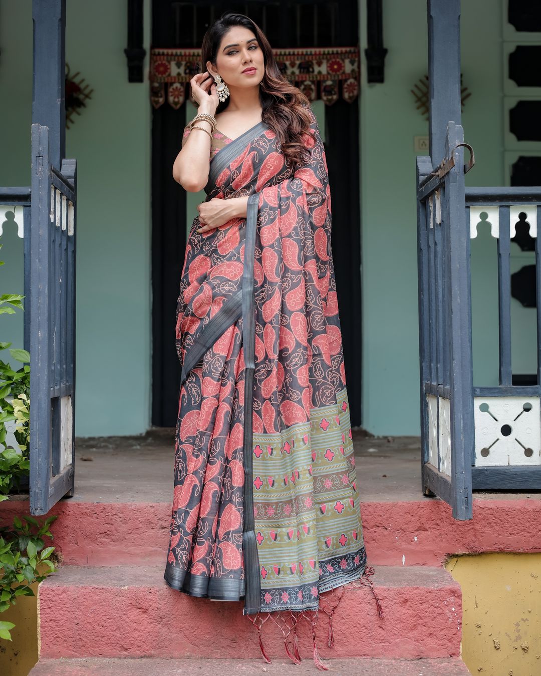 Charcoal Grey Printed Linen Cotton Saree with Coral Borders