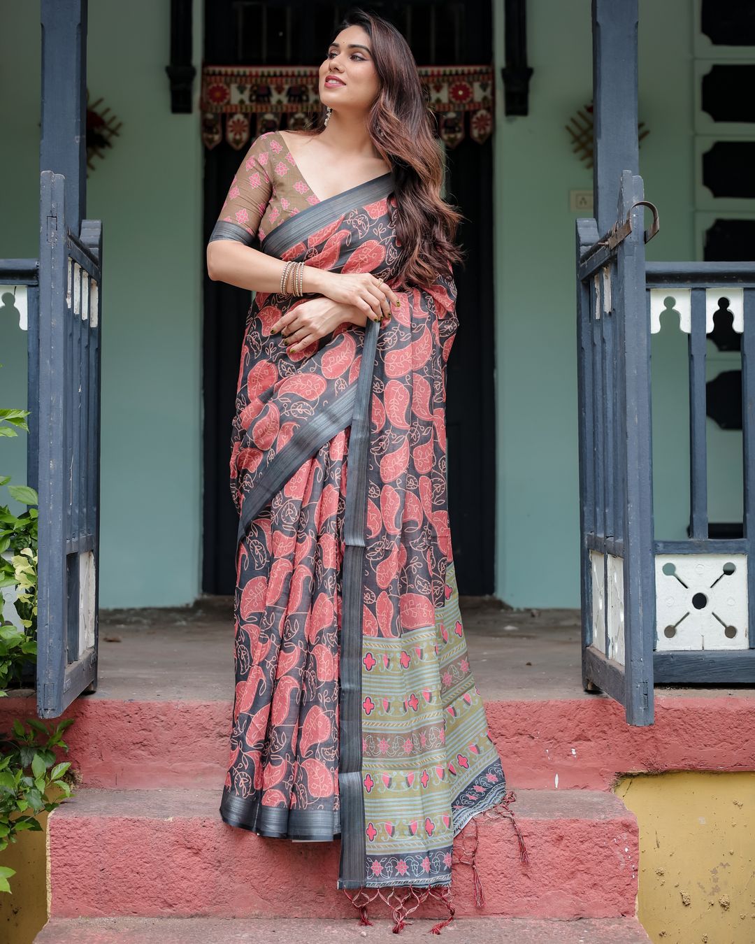 Charcoal Grey Printed Linen Cotton Saree with Coral Borders