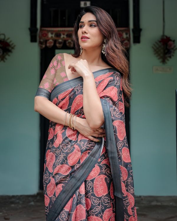 Charcoal Grey Printed Linen Cotton Saree with Coral Borders