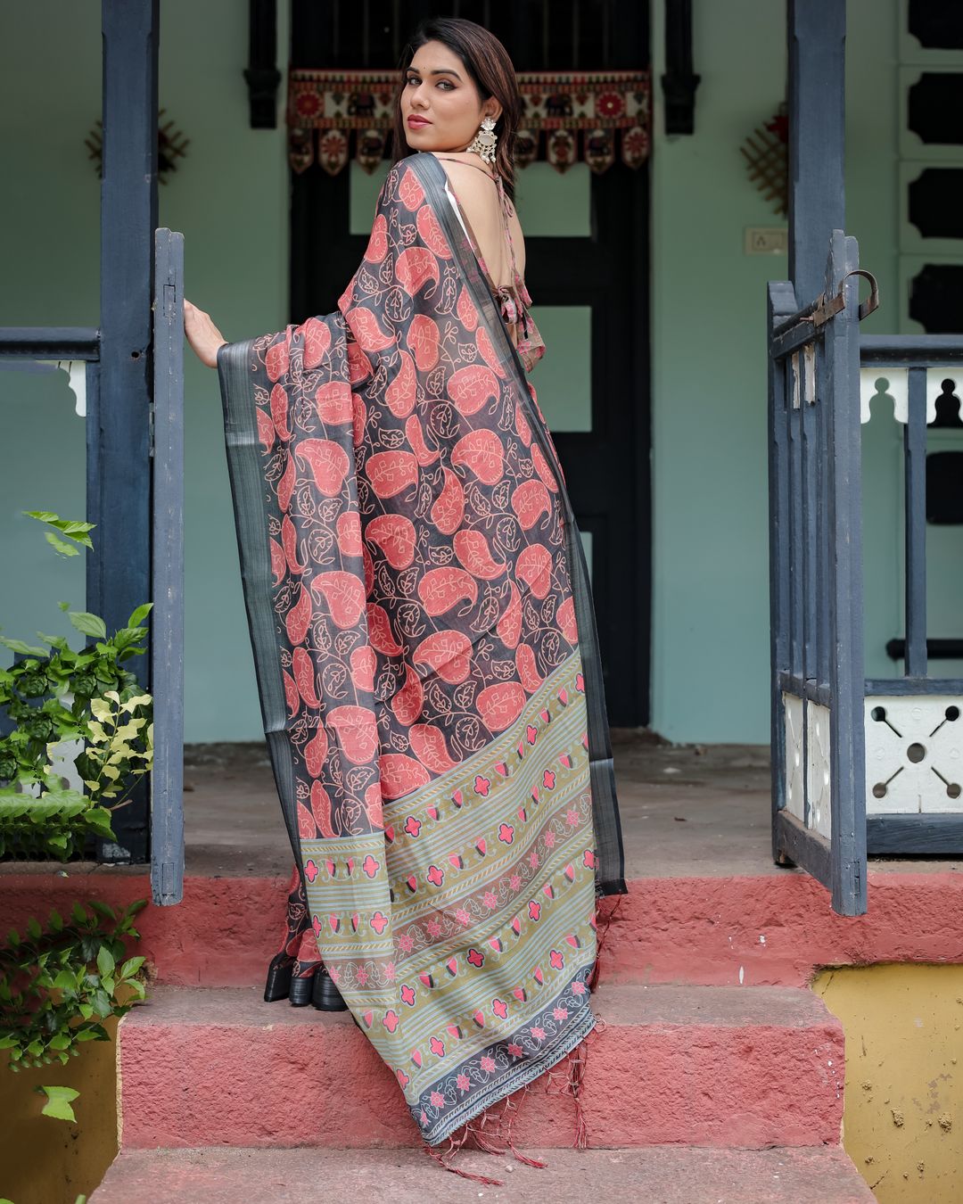 Charcoal Grey Printed Linen Cotton Saree with Coral Borders