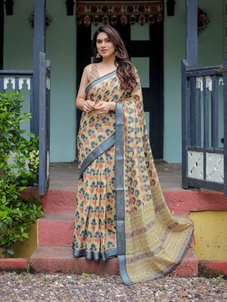 Beige Floral Print Linen Cotton Saree with Grey Border Work