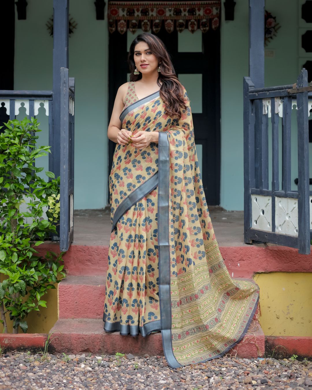 Beige Floral Print Linen Cotton Saree with Grey Border Work