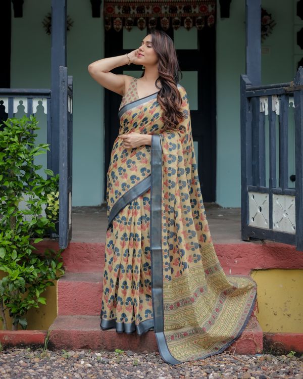 Beige Floral Print Linen Cotton Saree with Grey Border Work