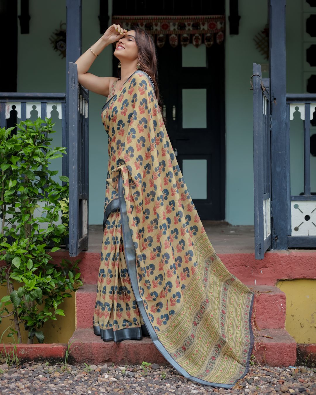 Beige Floral Print Linen Cotton Saree with Grey Border Work