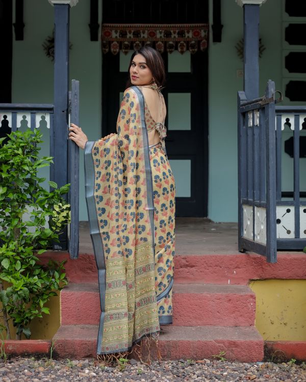 Beige Floral Print Linen Cotton Saree with Grey Border Work
