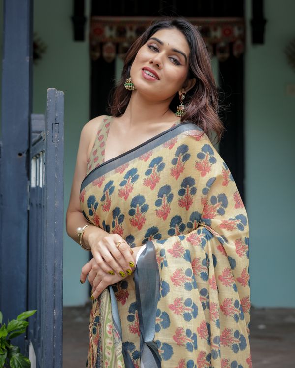 Beige Floral Print Linen Cotton Saree with Grey Border Work