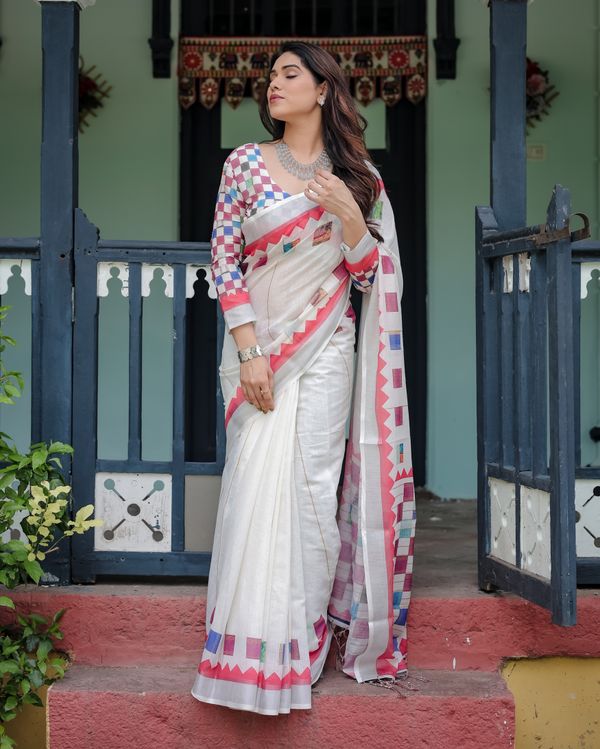 Ivory Linen Cotton Saree with Multicolor Woven Border