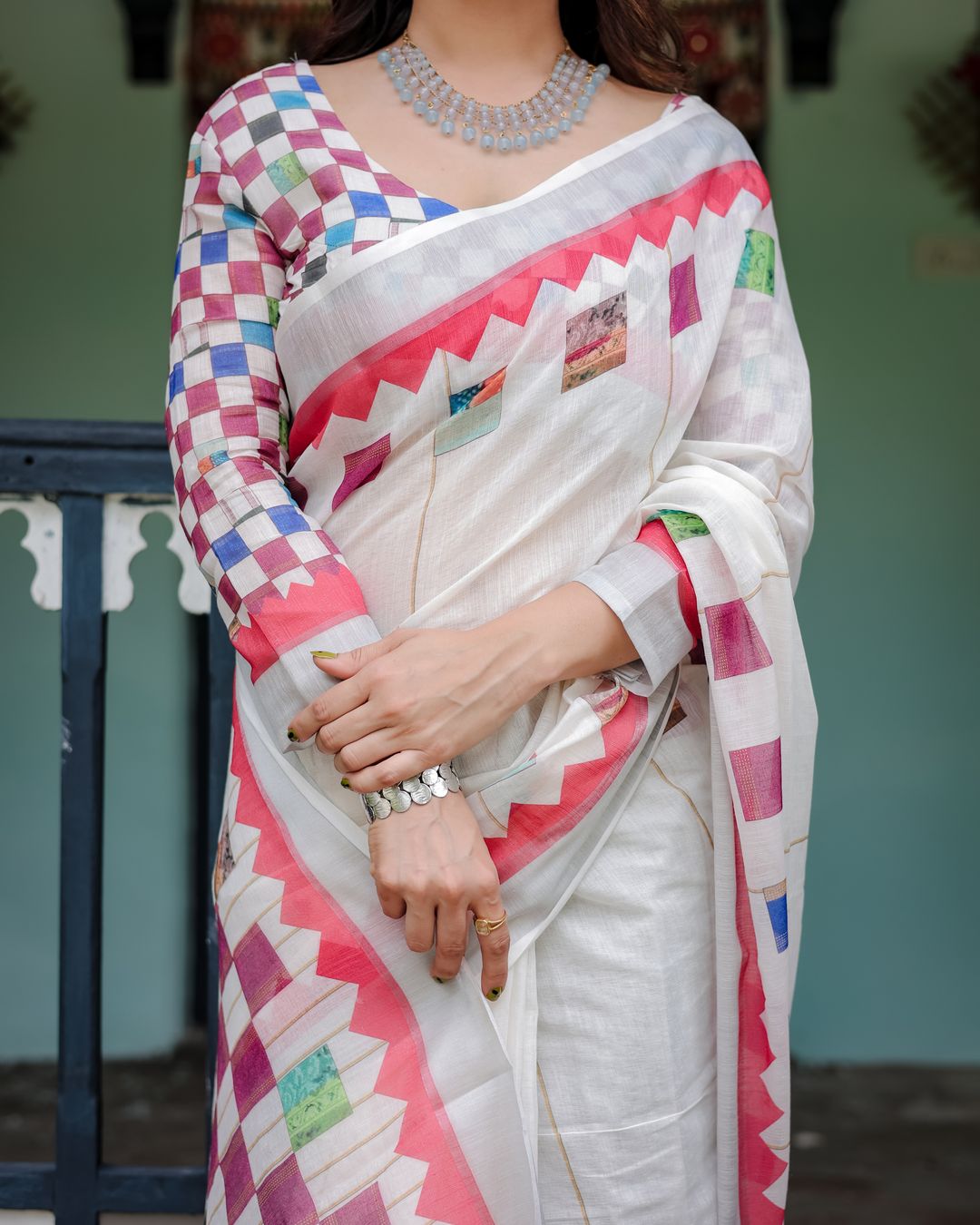 Ivory Linen Cotton Saree with Multicolor Woven Border