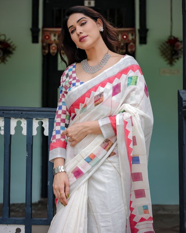 Ivory Linen Cotton Saree with Multicolor Woven Border