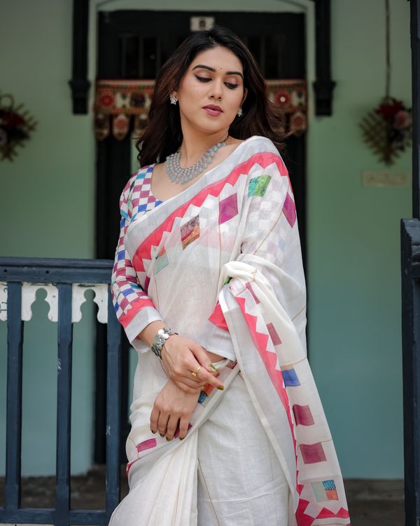 Ivory Linen Cotton Saree with Multicolor Woven Border