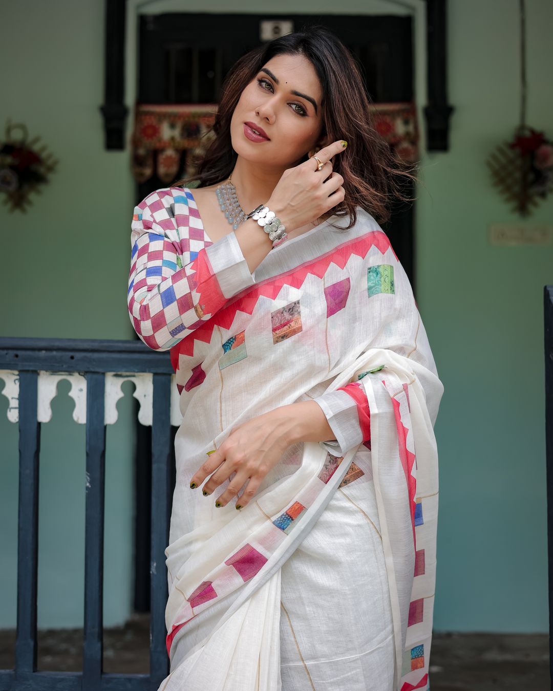 Ivory Linen Cotton Saree with Multicolor Woven Border