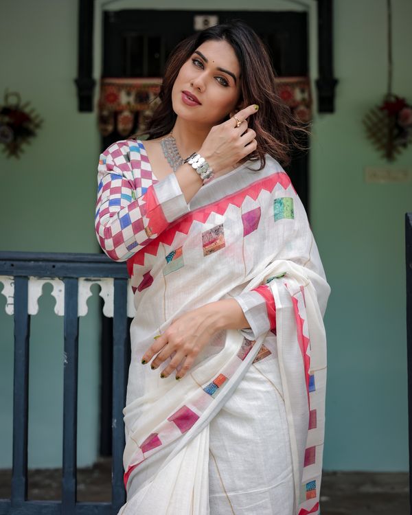 Ivory Linen Cotton Saree with Multicolor Woven Border
