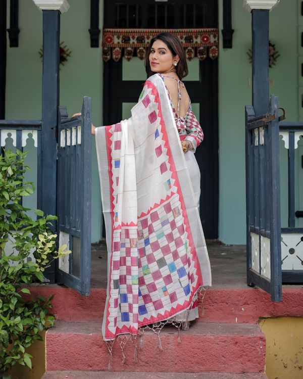 Ivory Linen Cotton Saree with Multicolor Woven Border