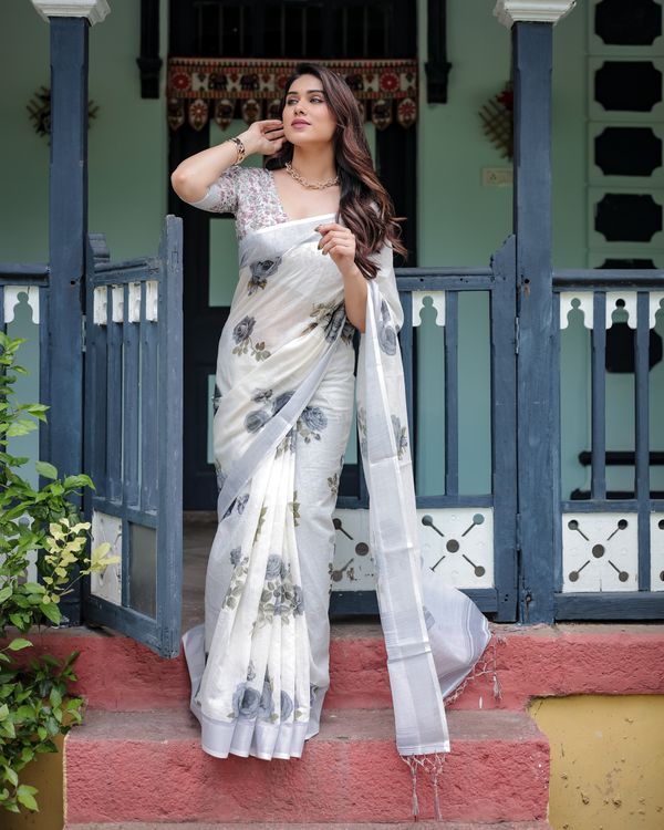 Ivory Linen Cotton Saree with Grey Rose Floral Print