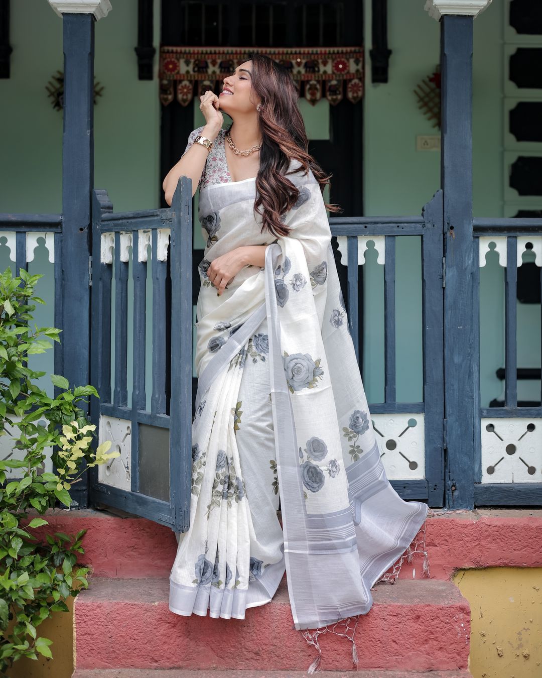 Ivory Linen Cotton Saree with Grey Rose Floral Print