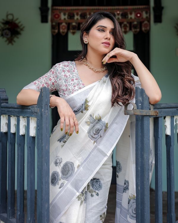 Ivory Linen Cotton Saree with Grey Rose Floral Print
