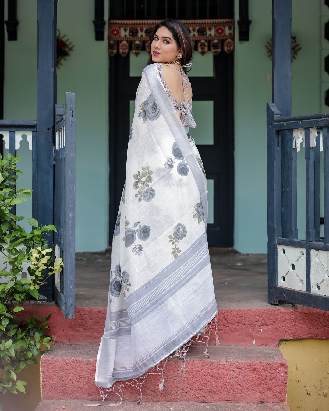 Ivory Linen Cotton Saree with Grey Rose Floral Print