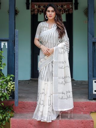 Ivory Linen Cotton Saree with Black Stripe Motif Design