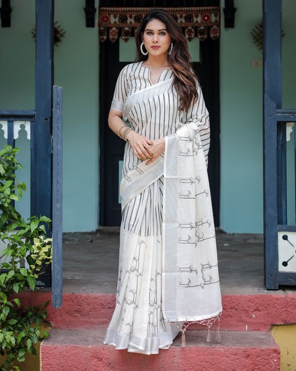 Ivory Linen Cotton Saree with Black Stripe Motif Design