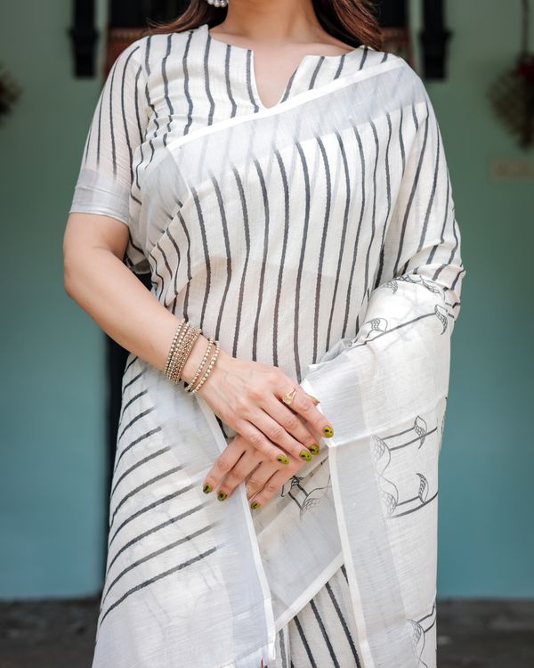 Ivory Linen Cotton Saree with Black Stripe Motif Design