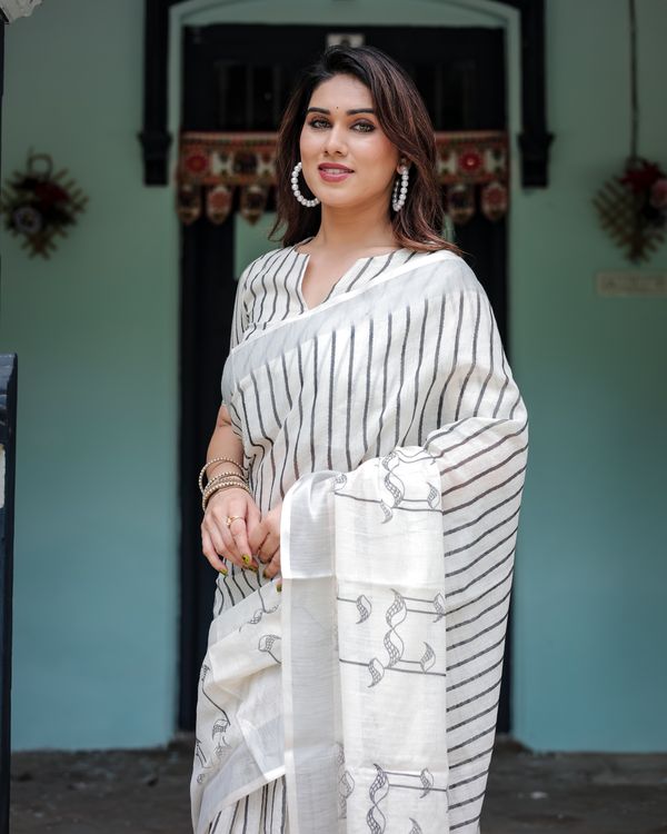 Ivory Linen Cotton Saree with Black Stripe Motif Design
