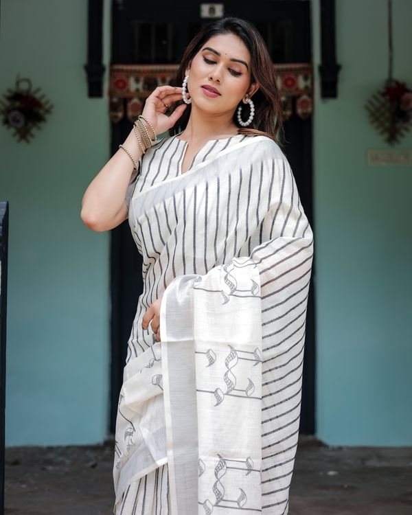 Ivory Linen Cotton Saree with Black Stripe Motif Design