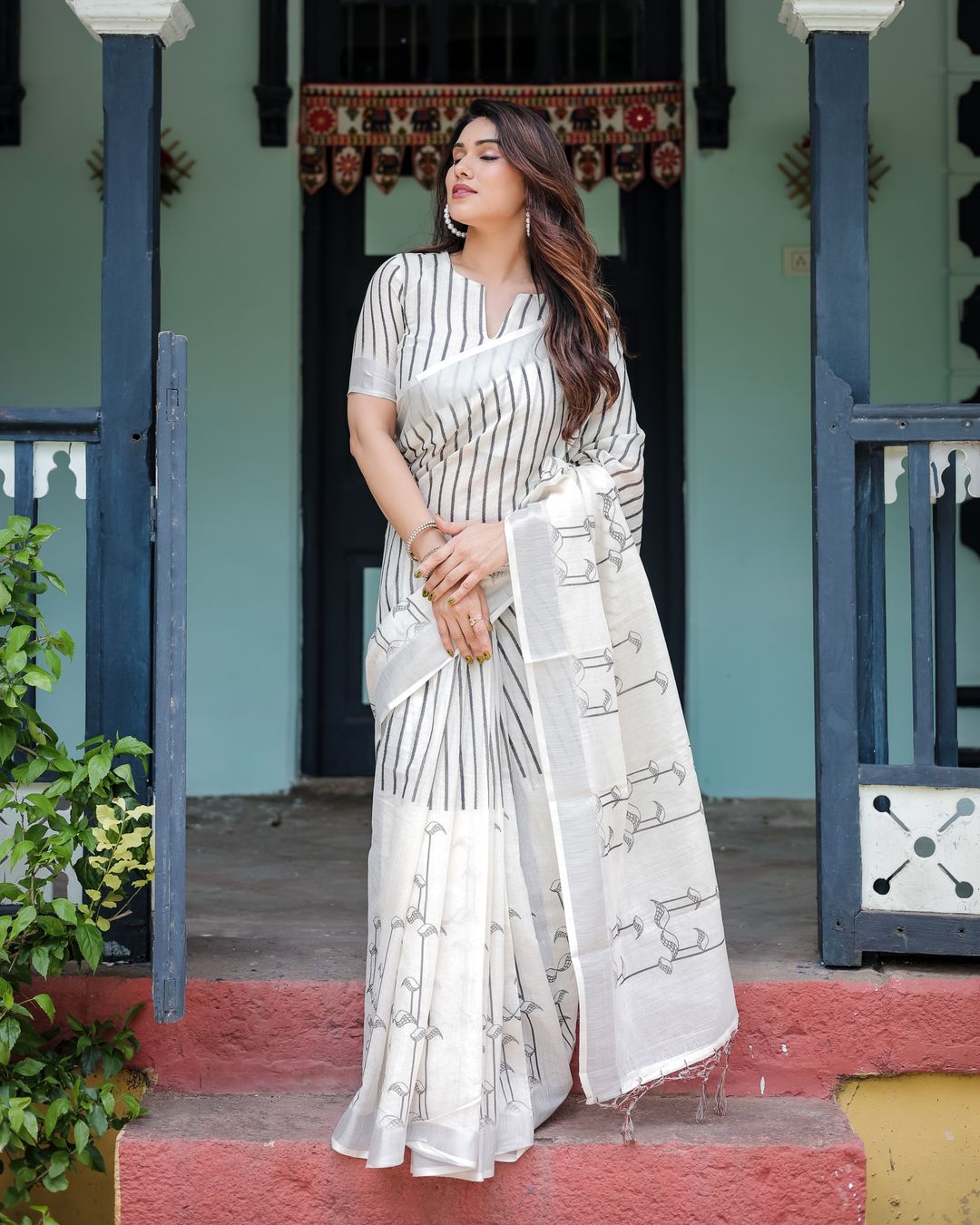 Ivory Linen Cotton Saree with Black Stripe Motif Design