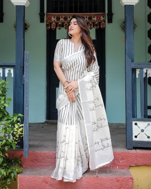 Ivory Linen Cotton Saree with Black Stripe Motif Design