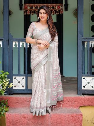 Ivory Linen Cotton Saree with Pink Motif Border Online