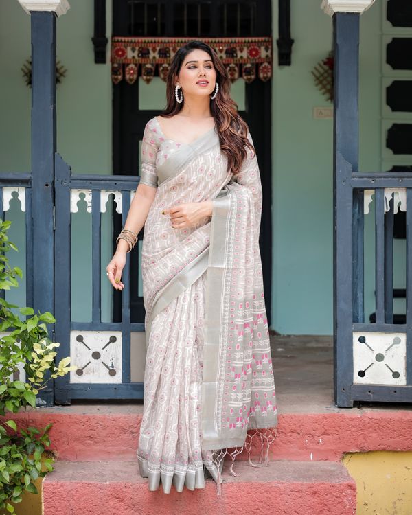 Ivory Linen Cotton Saree with Pink Motif Border Online