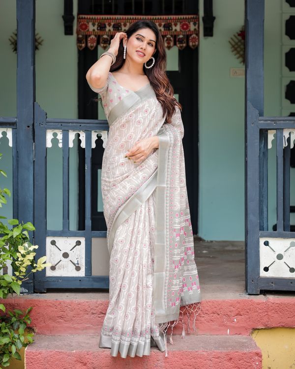 Ivory Linen Cotton Saree with Pink Motif Border Online