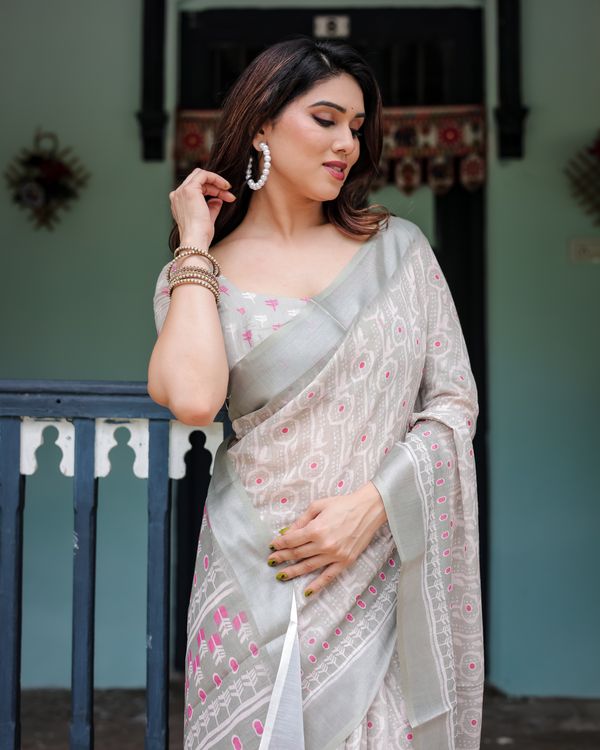 Ivory Linen Cotton Saree with Pink Motif Border Online