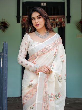 Ivory Linen Cotton Saree with Floral Border & Pallu