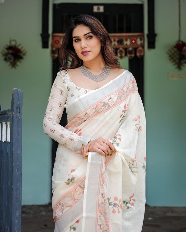 Ivory Linen Cotton Saree with Floral Border & Pallu