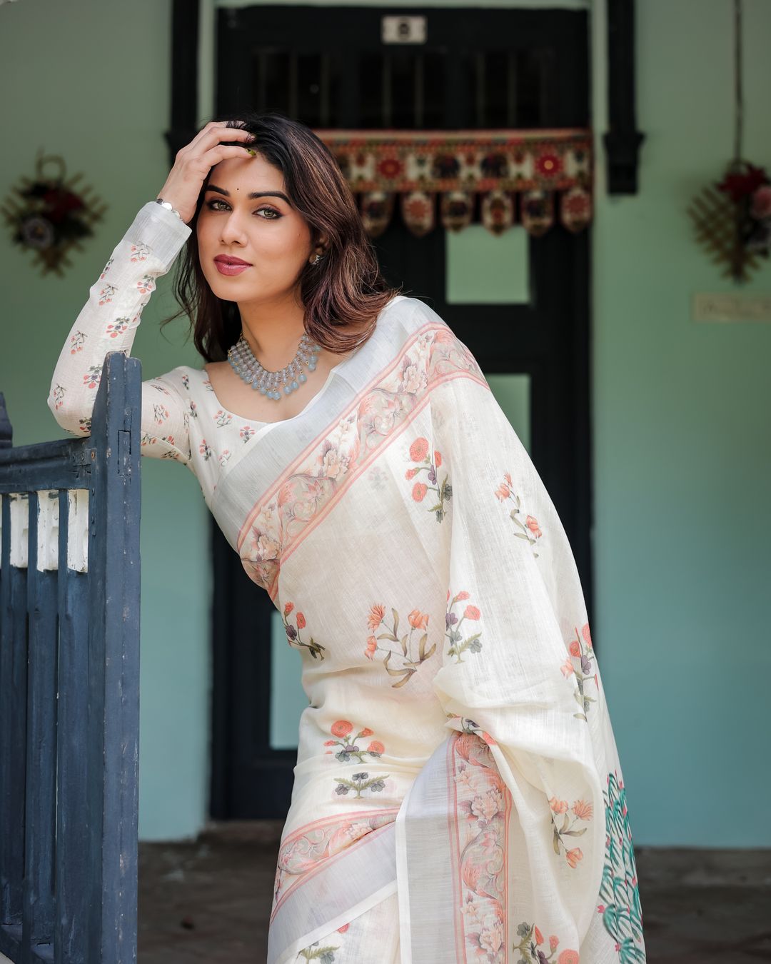 Ivory Linen Cotton Saree with Floral Border & Pallu