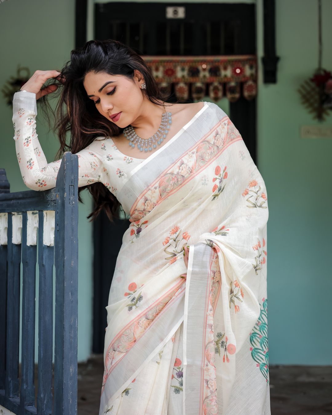 Ivory Linen Cotton Saree with Floral Border & Pallu